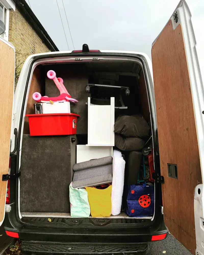 Children's furniture and toys packed in the van
